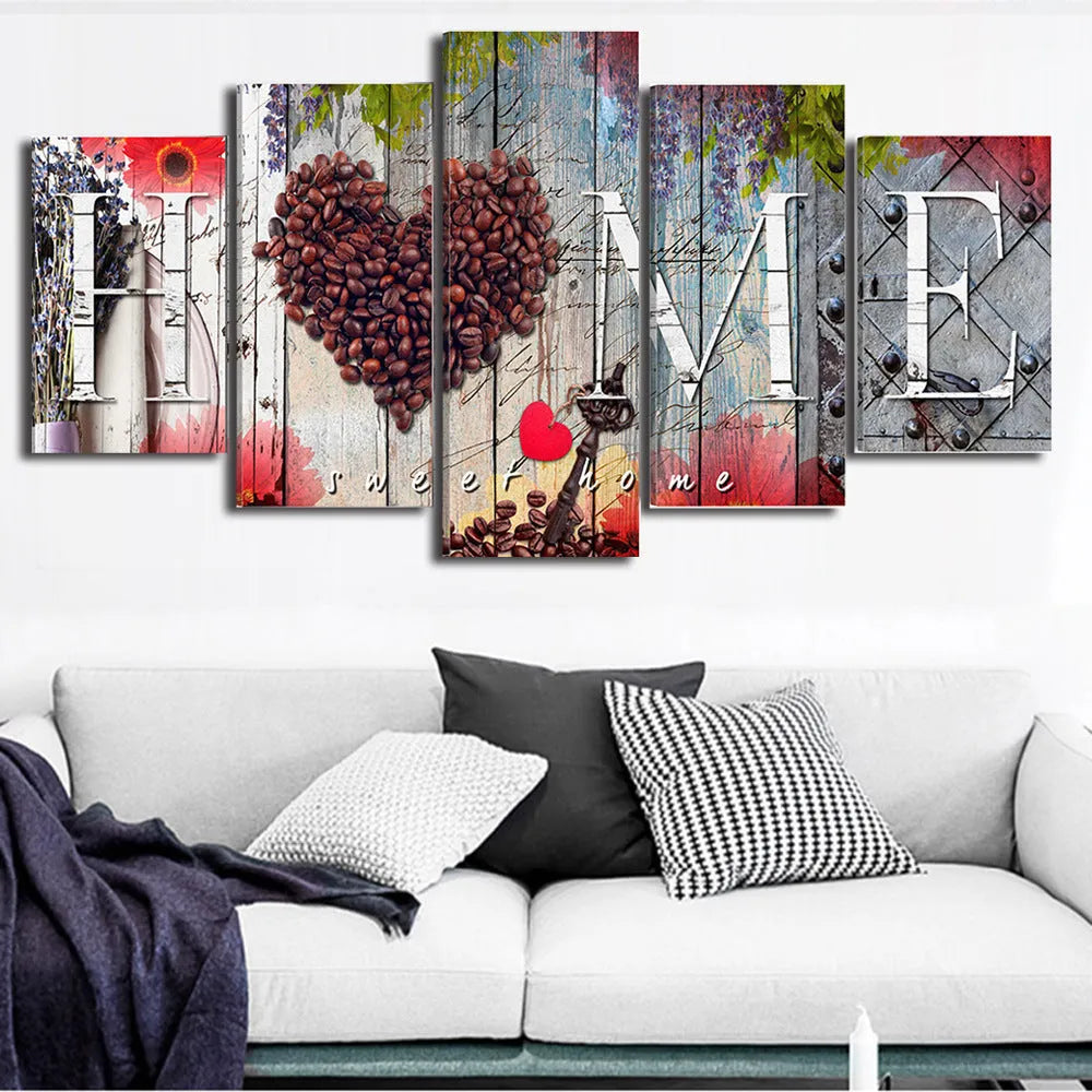 Set of five red unframed oil painting canvas panels in varying heights for wall display