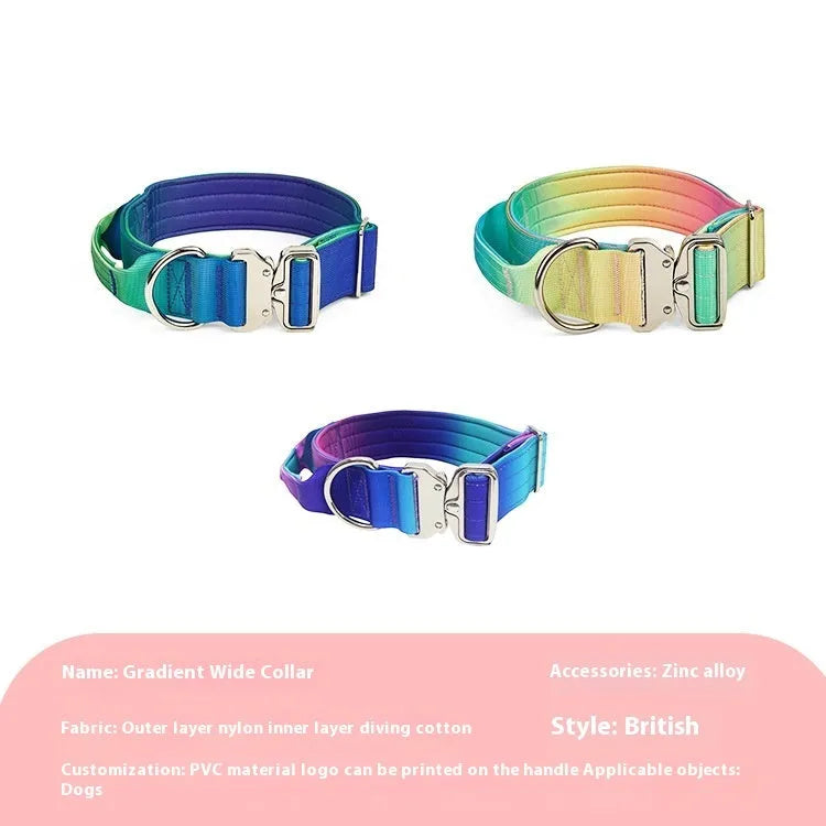 Gradient nylon dog collar and leash set, widened collar, Green Blue Pink Purple options, sizes L M, 2.5cm x 150cm leash