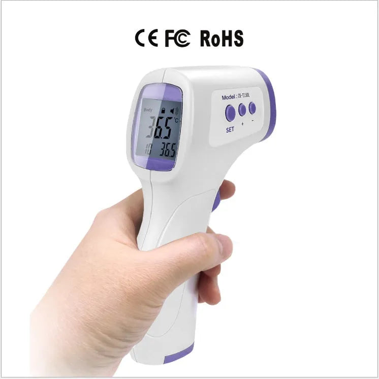 White RAK-FI03 non-contact infrared forehead thermometer with English interface and AAA battery compartment