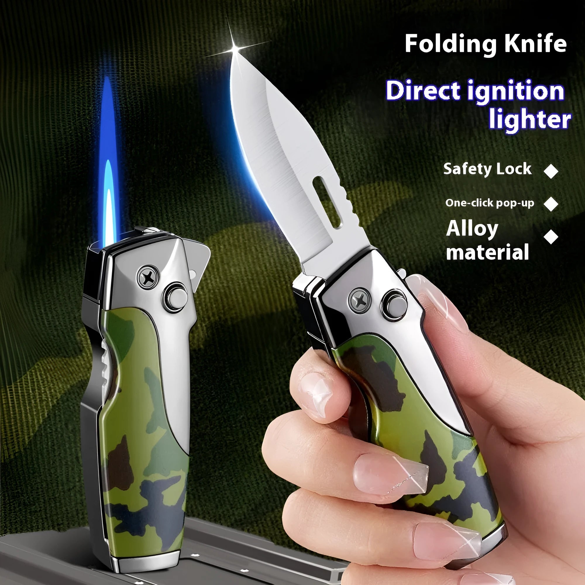 Zinc alloy metal folding knife lighter in a selection of black, gold, and silver finishes with wood, carbon fibre, and camouflage textures.