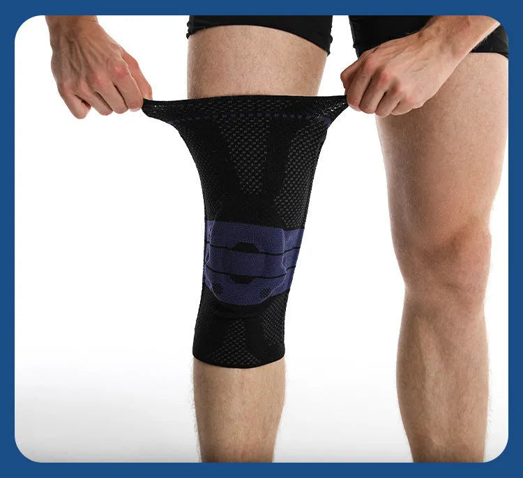 Black and blue adult sports knee pad for basketball and running protection.