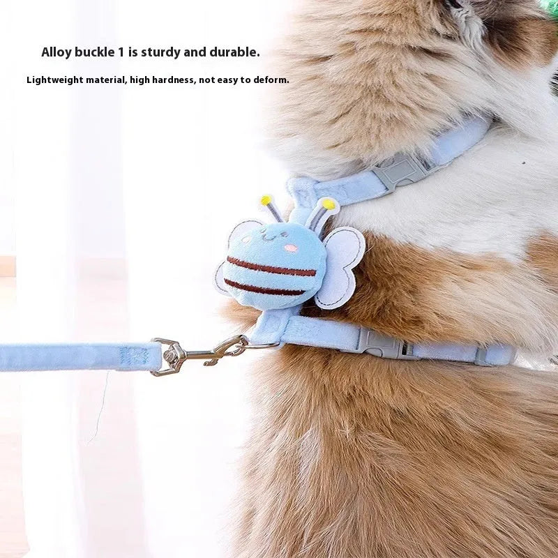 Bee-shaped adjustable cat harness and leash set in blue, pink, or yellow colour.