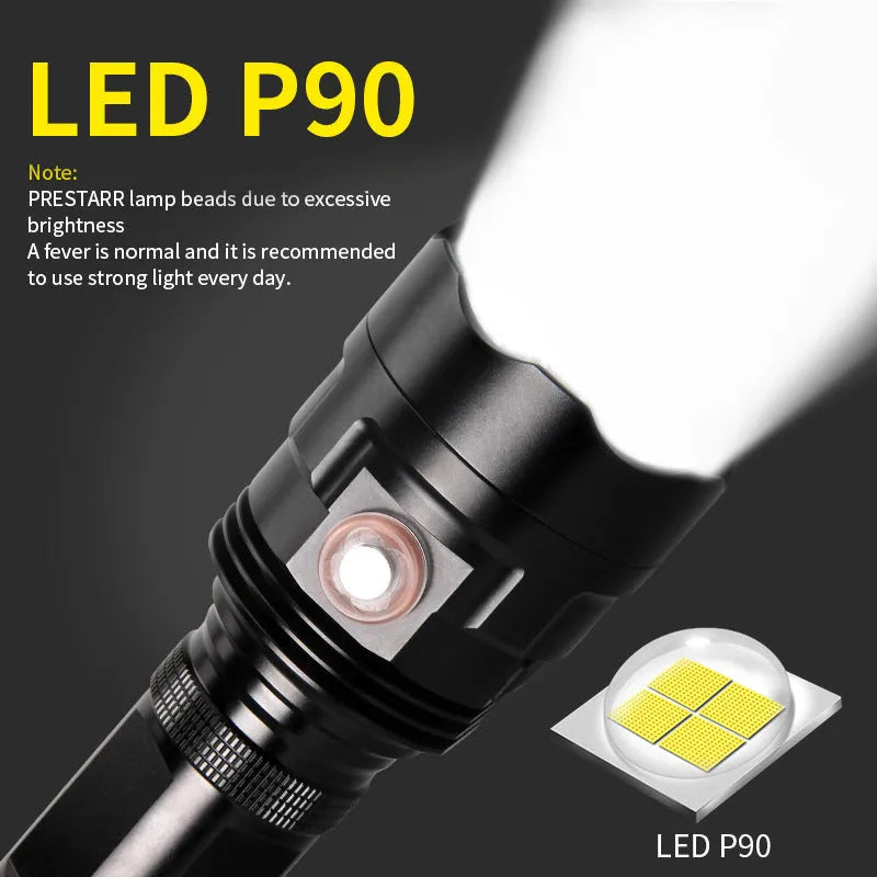 Black aluminium alloy tactical flashlight with USB charging port and multiple lighting modes