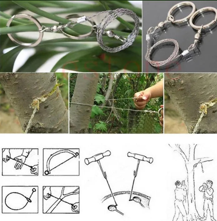 Stainless steel survival wire saw with pull rings, 55cm blade, total length 70cm.