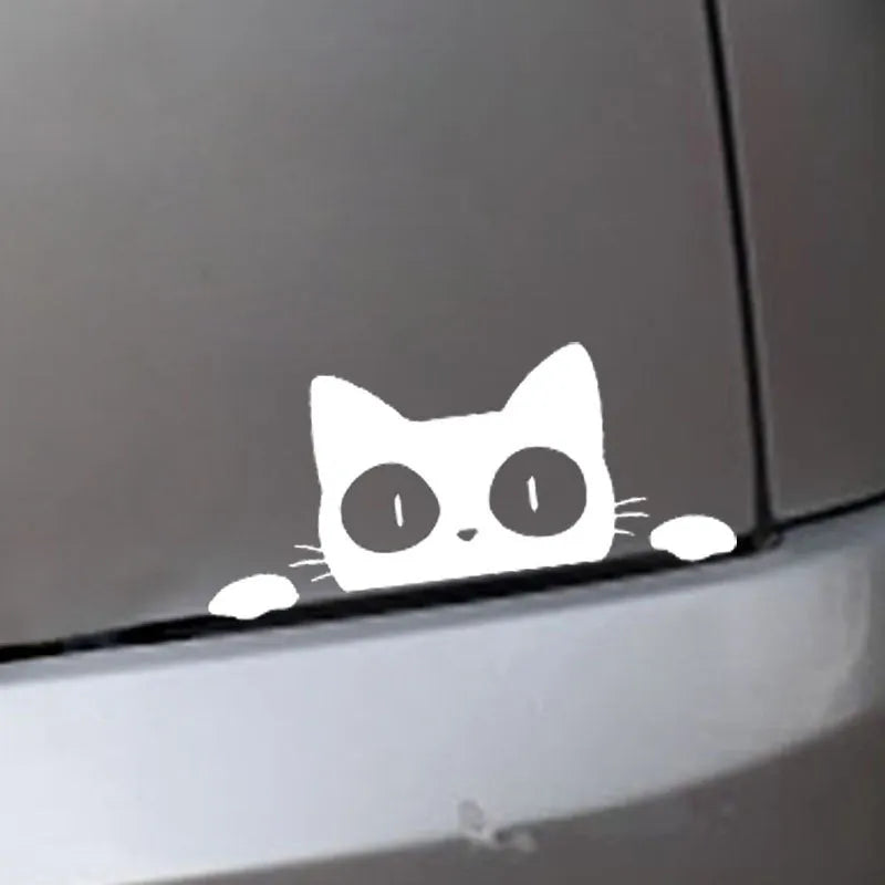 Voyeur cat car sticker in PET material, 13x5.7cm, black or silver white, for vehicle exterior use