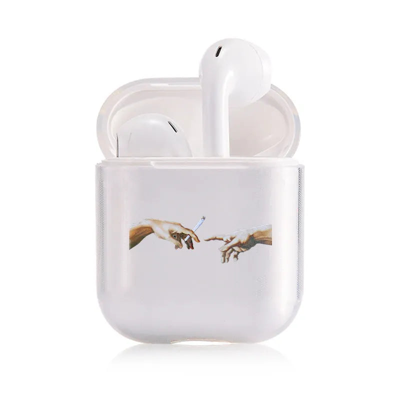 Transparent plastic AirPods protective cover showing compatible AirPods visible through clear material