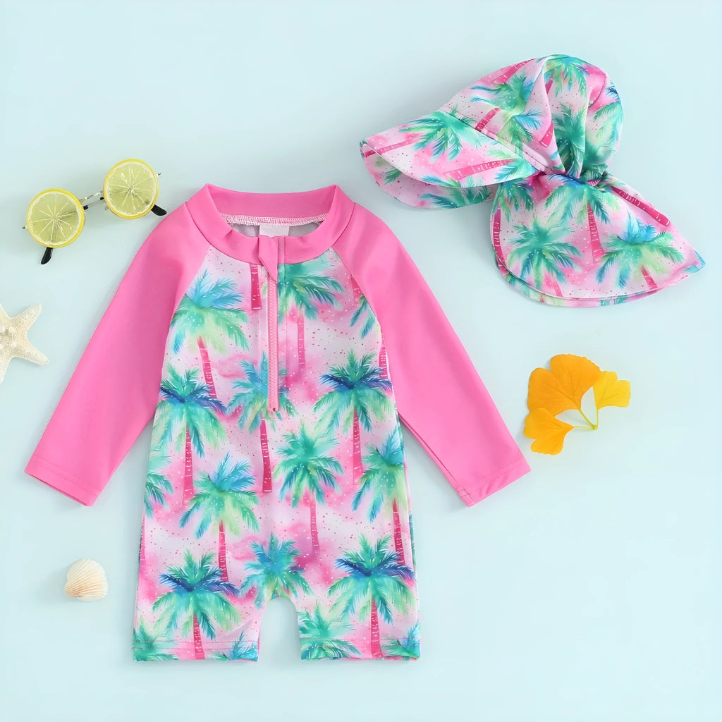Green polypropylene fibre one-piece long-sleeve baby swimsuit with matching hat on neutral background