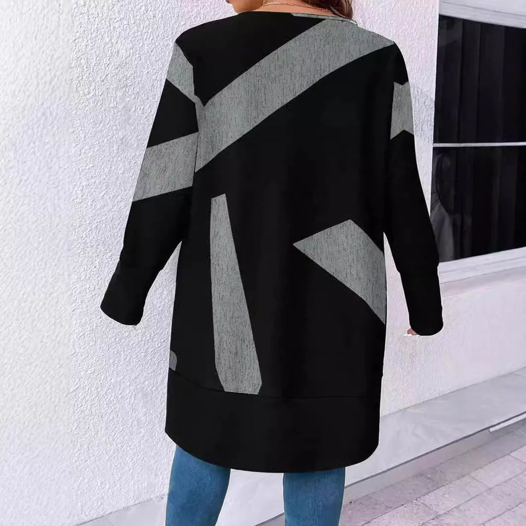 Black plus size casual cardigan coat with button stitching and printing design in Japanese Korean style
