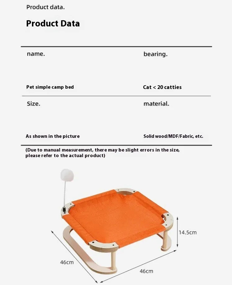 Washable wooden cat hammock bed, 46 x 46cm orange camp bed for cats and small dogs