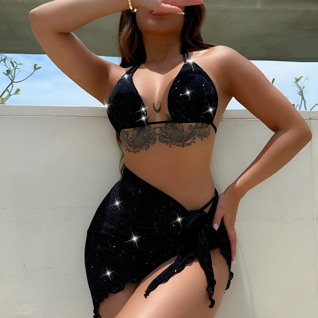 Black women's three-piece bikini swimsuit set with top and shorts on a mannequin.