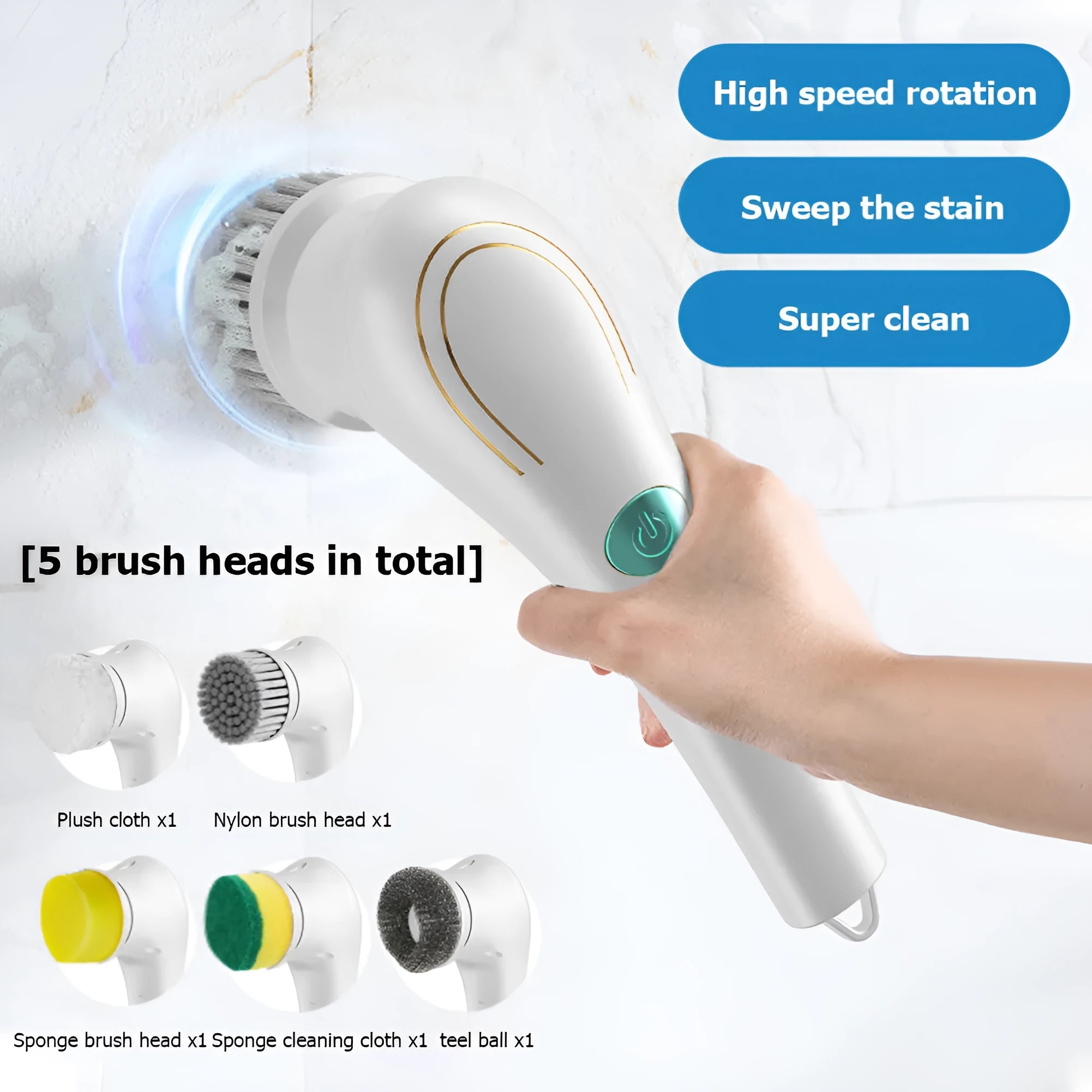 White cordless electric handheld spin scrubber with five different cleaning brush heads and a USB charging cable.
