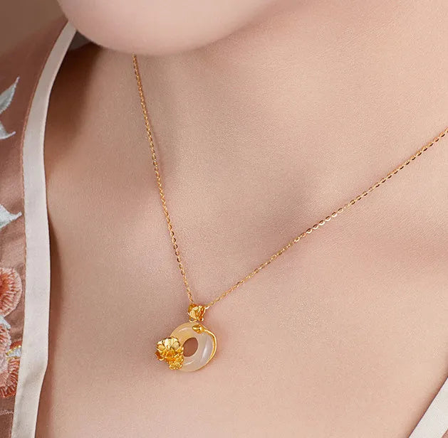 925 silver peach blossom pendant necklace with white chalcedony peace buckle and electroplated finish on regular chain