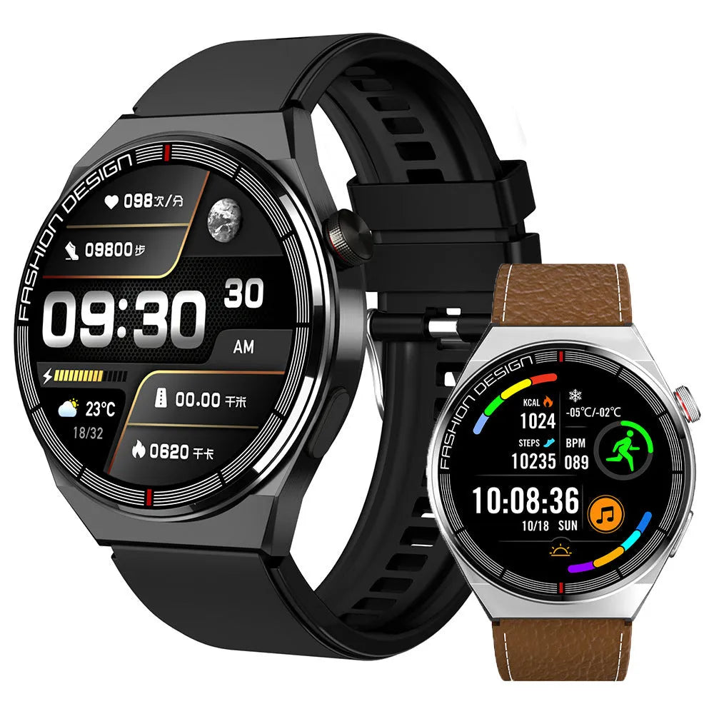 Black smartwatch with a silicone strap displaying a heart rate monitor on its 1.28-inch screen