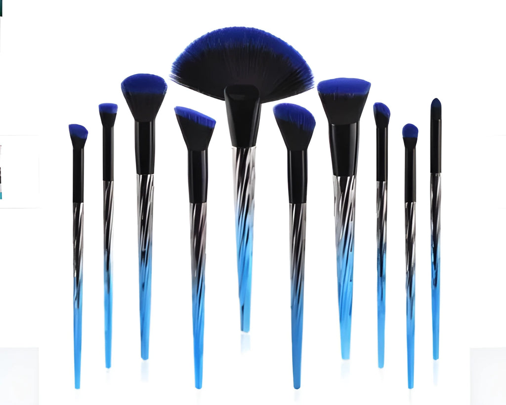 10-piece pro makeup brush set in blue colour family with synthetic bristles for face and eye application