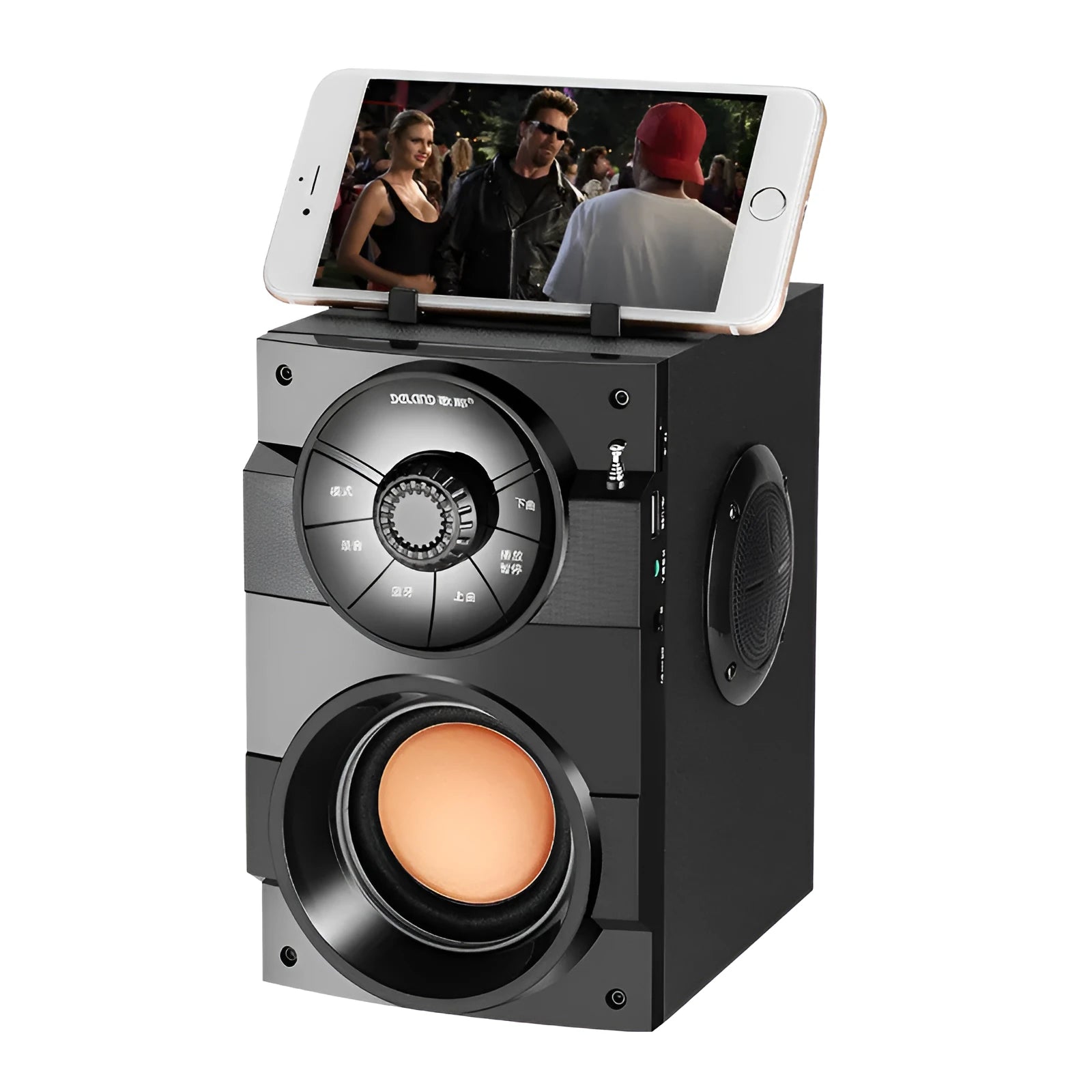 Black portable mini home audio system with subwoofer, satellite speakers and 1.2 metre connection cable
