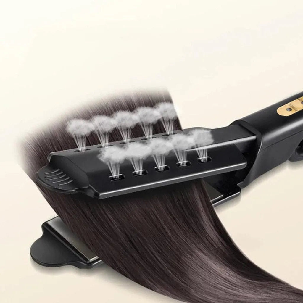 Black four-speed thermostat hair straightener with tourmaline ceramic plates, LCD control, and anti-scald groove design
