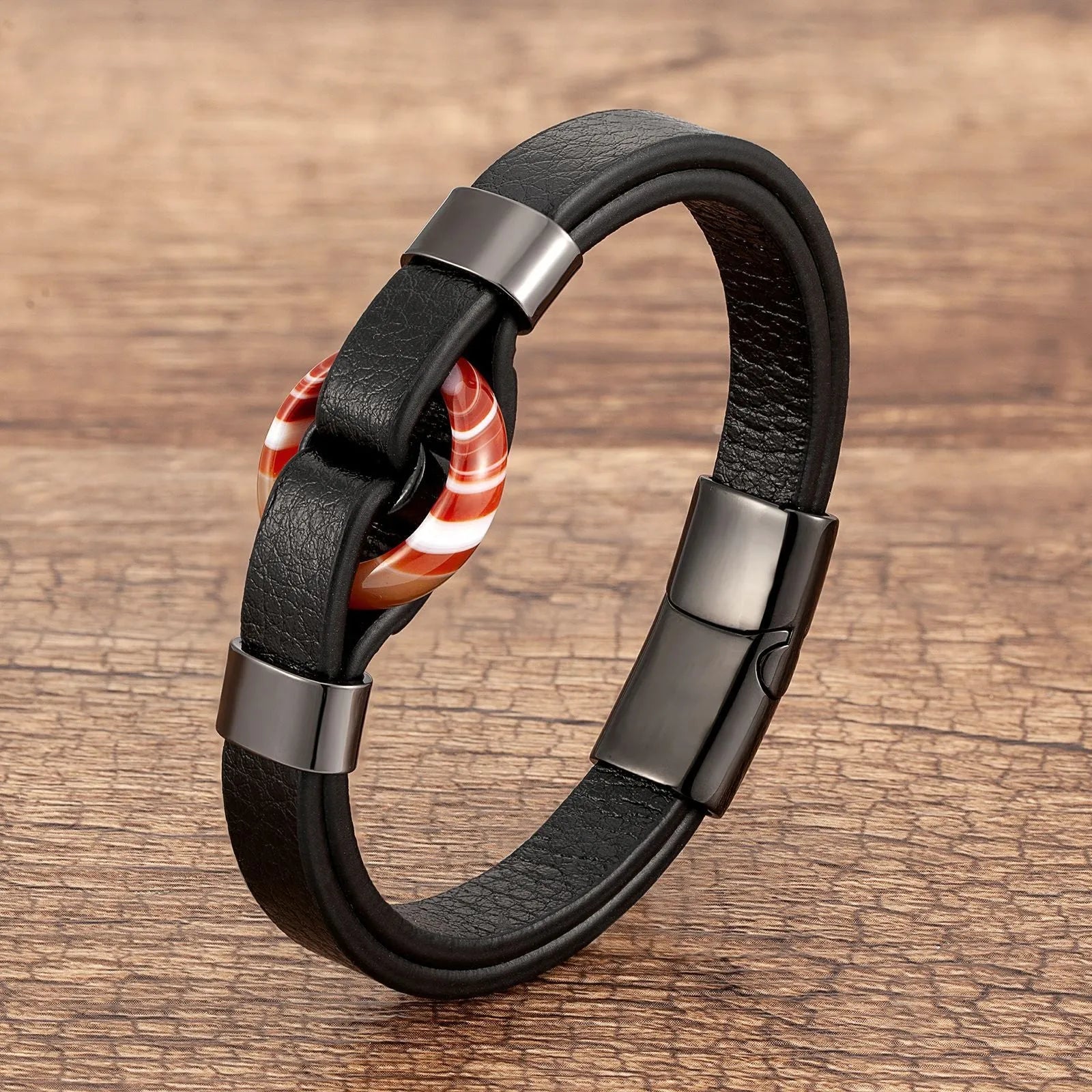Leather bracelet with magnetic gold buckle retro bohemian style 21cm unisex