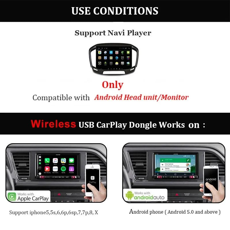 Black Wireless CarPlay USB dongle for connecting iPhone to Android car stereo systems.