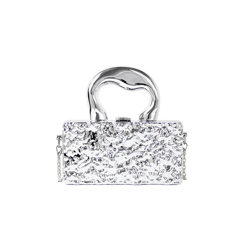 Mini acrylic crossbody bag with chain strap in Silver Corrugated colour