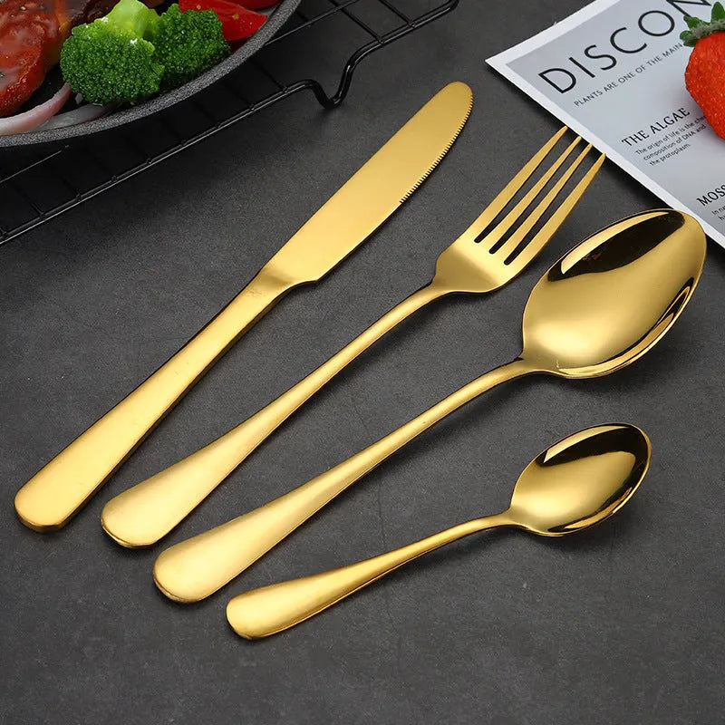 24 piece stainless steel cutlery set showing knives, forks and spoons in various colour finishes with one-piece moulding construction