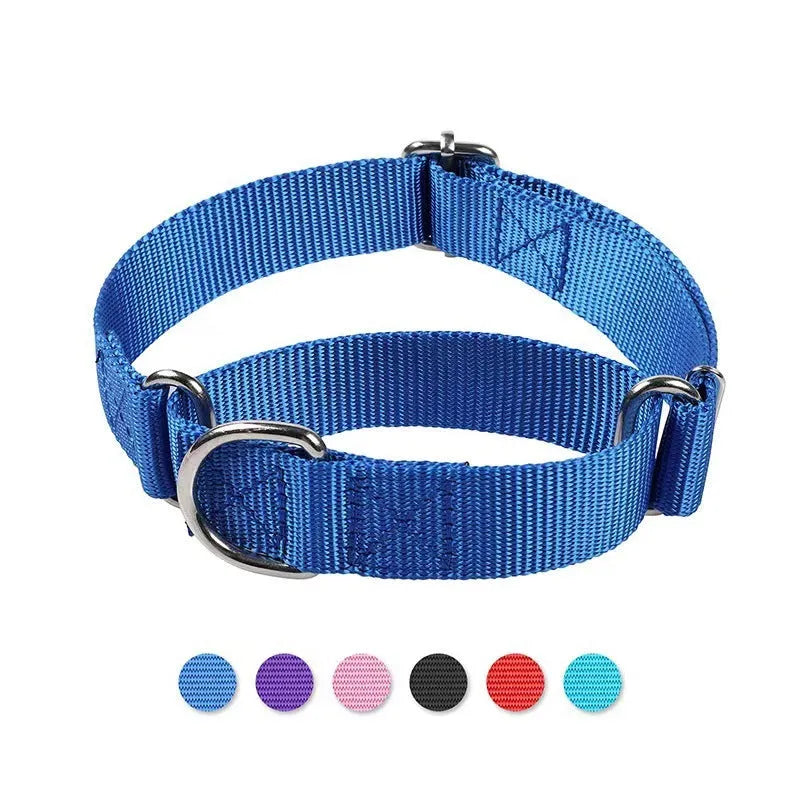 Adjustable nylon dog and cat collar with explosion-proof harness and hand-holding rope, available in seven colours.
