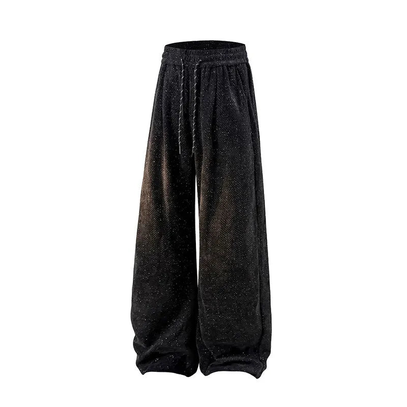Men's lightweight fleece-lined straight-leg casual trousers in grey on a hanger.