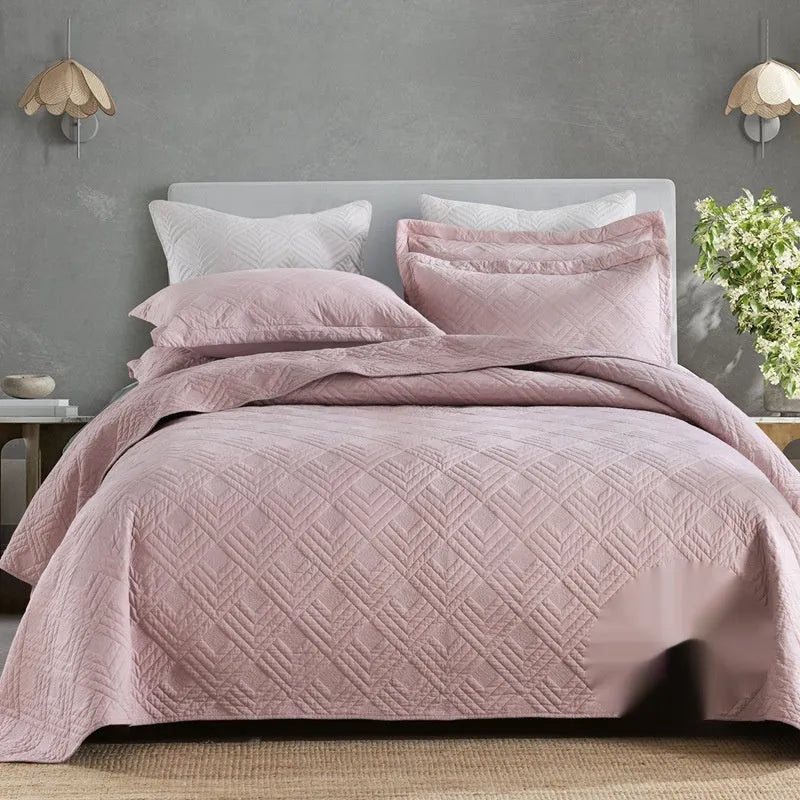 Pure cotton double-sided bed cover three-piece set in a light colour, showing embroidered detail and bedspread style.