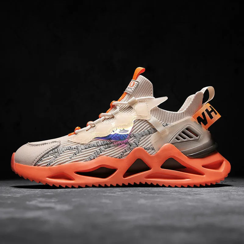 Men's mesh breathable casual sneakers with front tie, low heel, anti-skid plastic sole, colour blocking