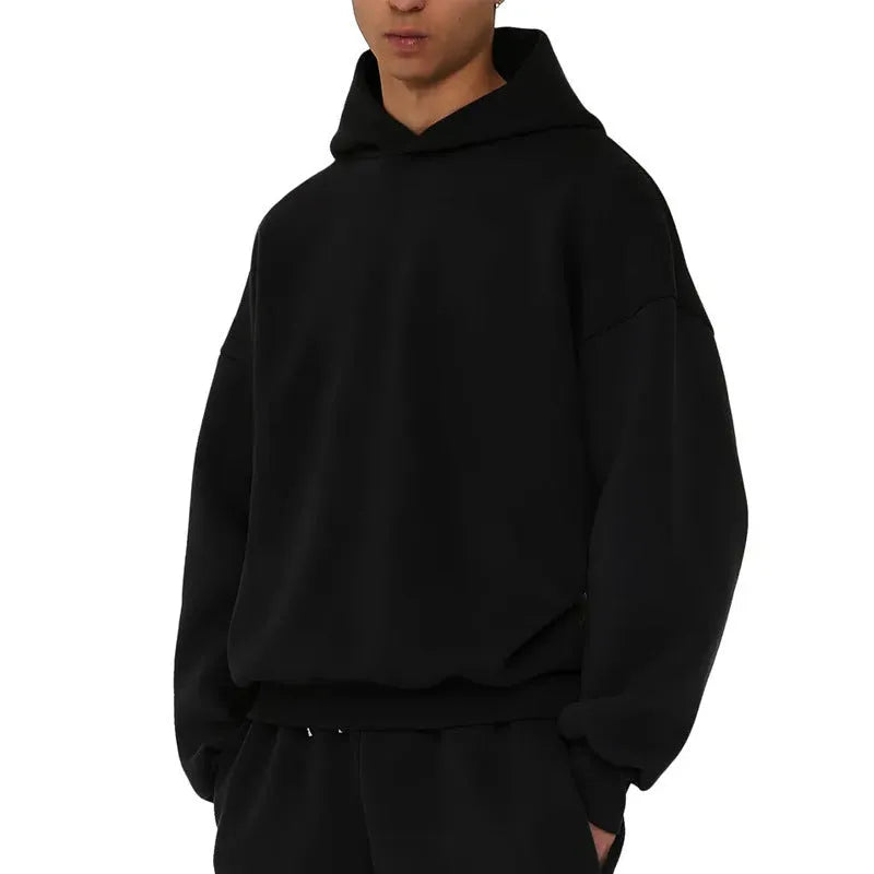Men's fleece-lined cotton pullover hoodie sweater with wool lining in solid colour options