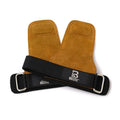 A pair of brown neoprene grip strength bands or wrist protectors for fitness training.