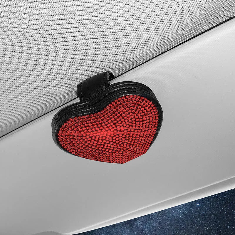 PU leather car sun visor clip with diamond pattern and magnetic closure, shown in multiple colour options.