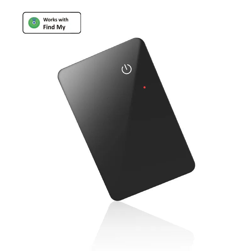 Black card-shaped pet tracking device with wireless charging and NFC capabilities