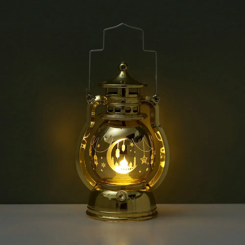 Gold or silver Eid Mubarak LED lantern with A1 or A2 laser carved pattern, 12.5cm tall plastic decoration