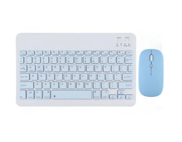 Bluetooth keyboard and rechargeable mouse set for tablet in elegant white on a desk