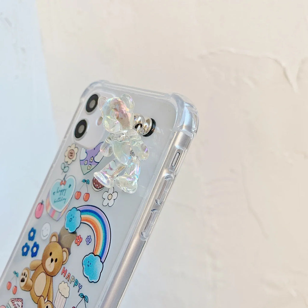 Bear chain and pendant attached to a Japanese Korean cartoon style protective case for an iPhone.