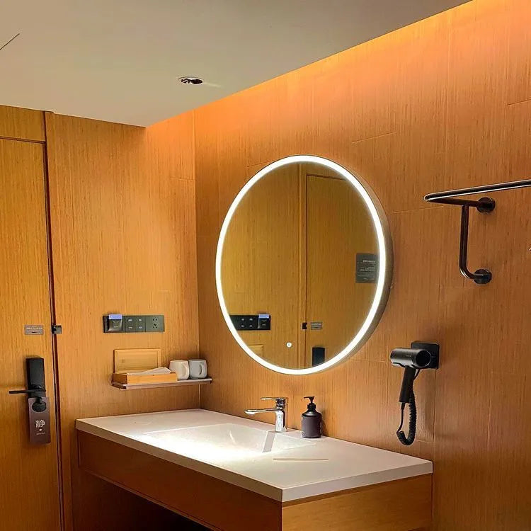 Round black aluminium frame LED bathroom mirror mounted on wall