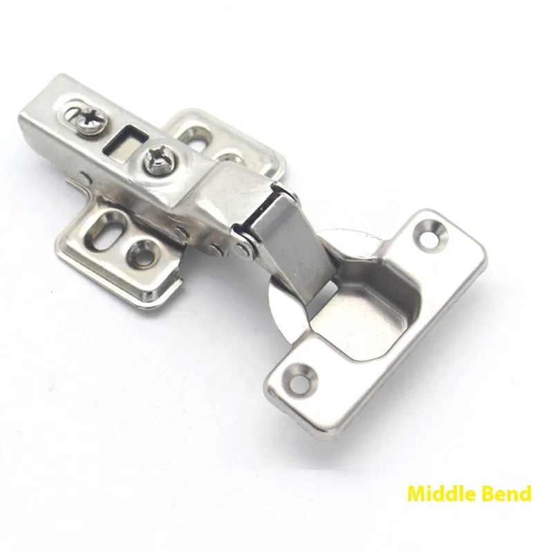 Nickel plated cold rolled steel hydraulic damping hinge for cabinet doors in three bend types.