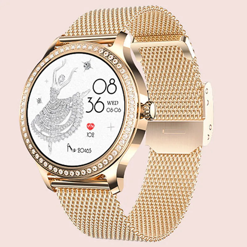 Women's smart watch with Bluetooth calling on wrist, showing TFT touch screen displaying health metrics.