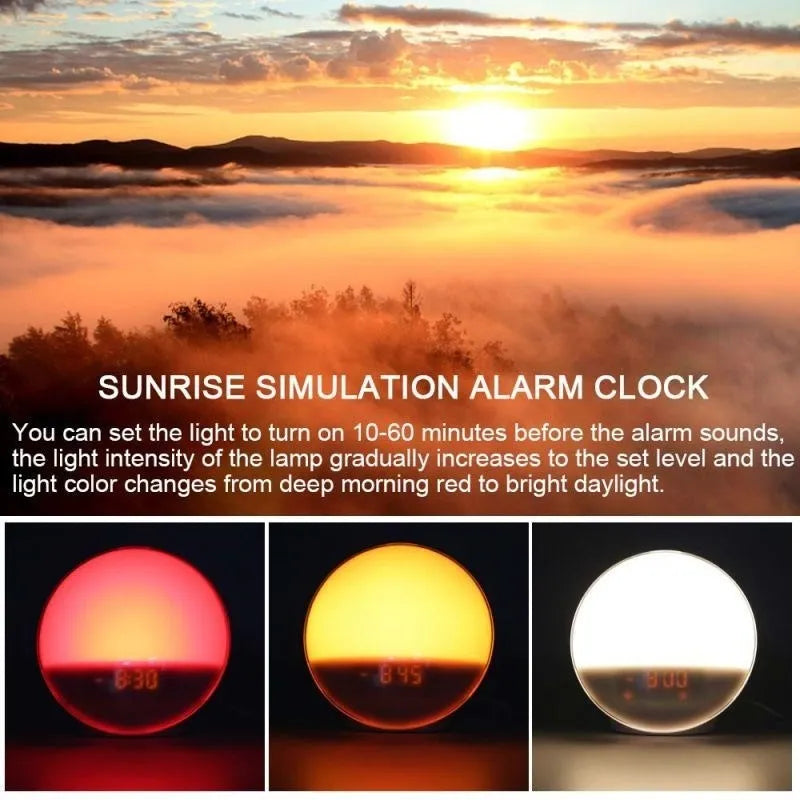 Sunrise alarm clock with wood grain finish, compact size 16x16x6cm, voice control, and night light