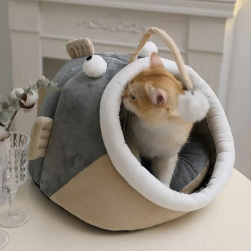 Grey deerskin velvet cat house bed with semi-closed design and removable cushion shown in lantern fish shape