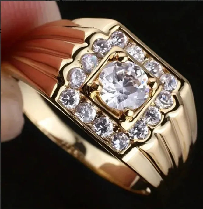 Gold copper ring with wide geometric surface and micro-inlaid zircon accents