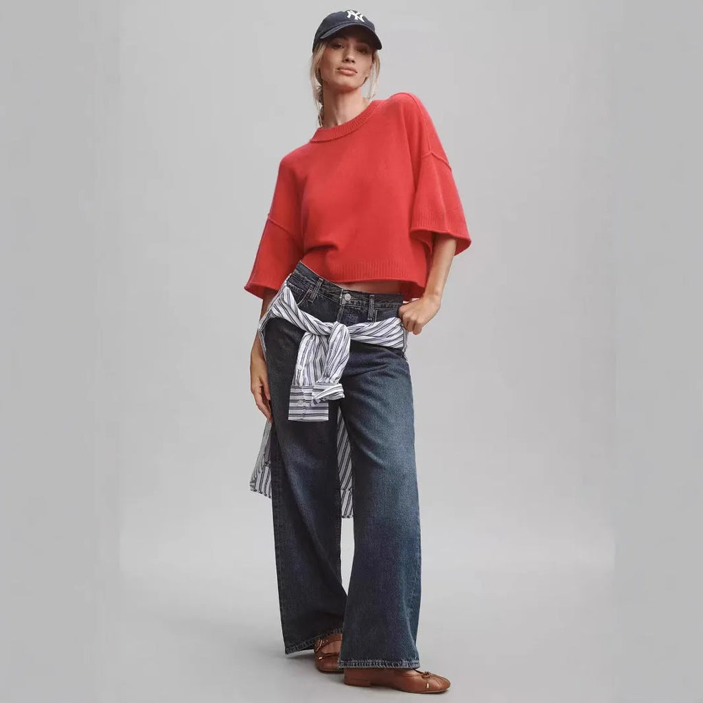 Red short viscose T-shirt with regular sleeves and an exposed navel design on a mannequin.