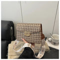 PU leather single shoulder bag horizontal square 23x16cm colour block grid pattern chain black
