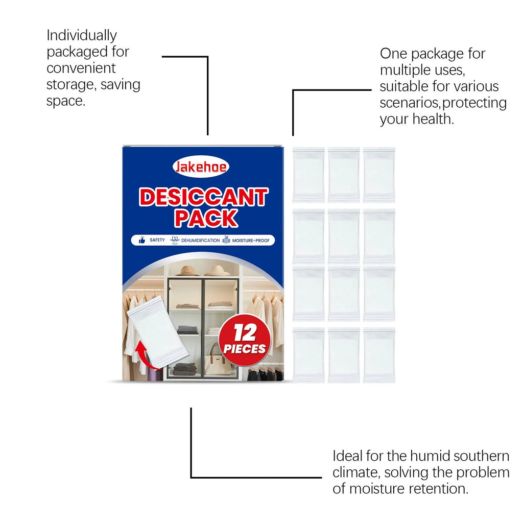 A pack of twelve white calcium chloride desiccant bags for absorbing moisture and preventing odours in wardrobes and cupboards.