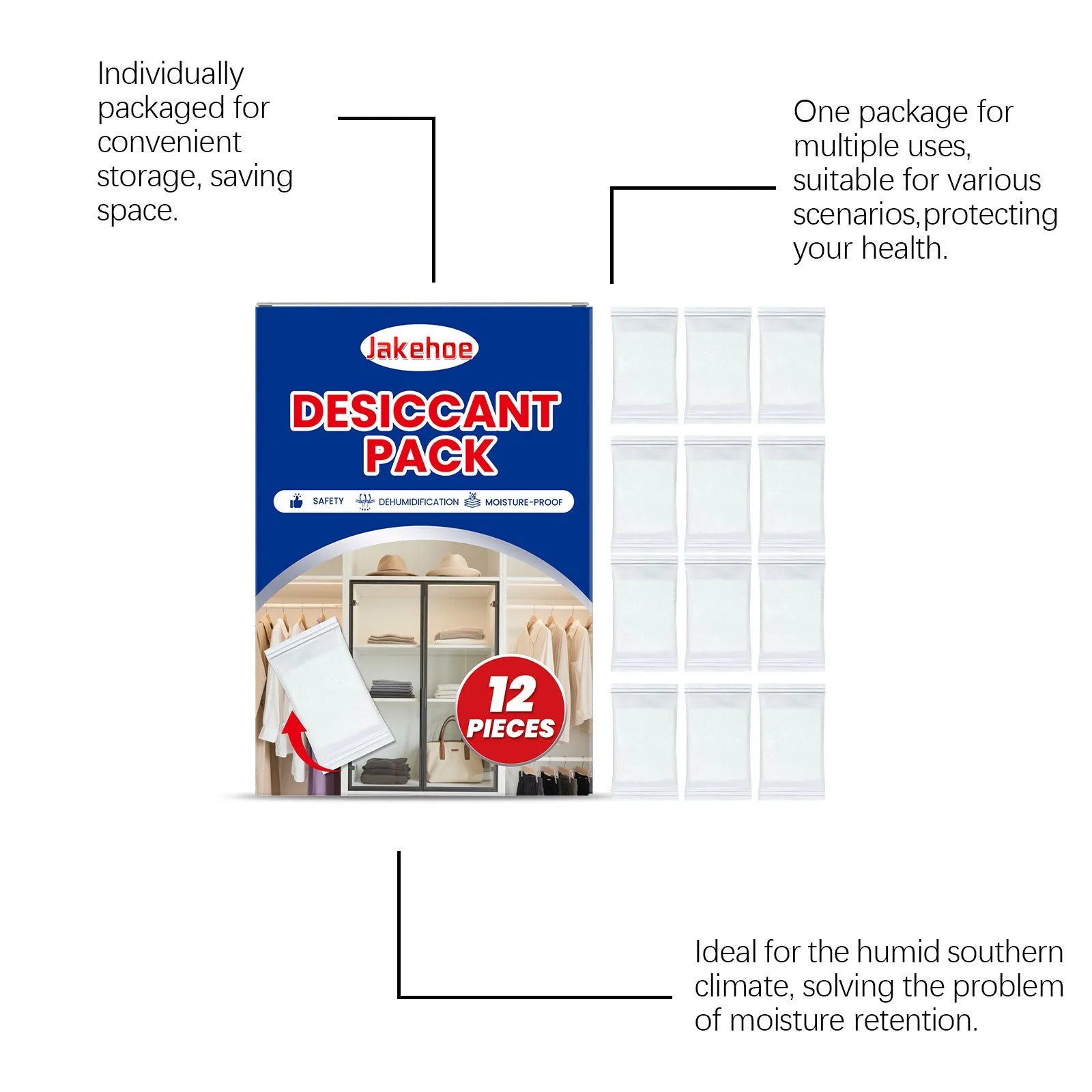 A pack of twelve white calcium chloride desiccant bags for absorbing moisture and preventing odours in wardrobes and cupboards.