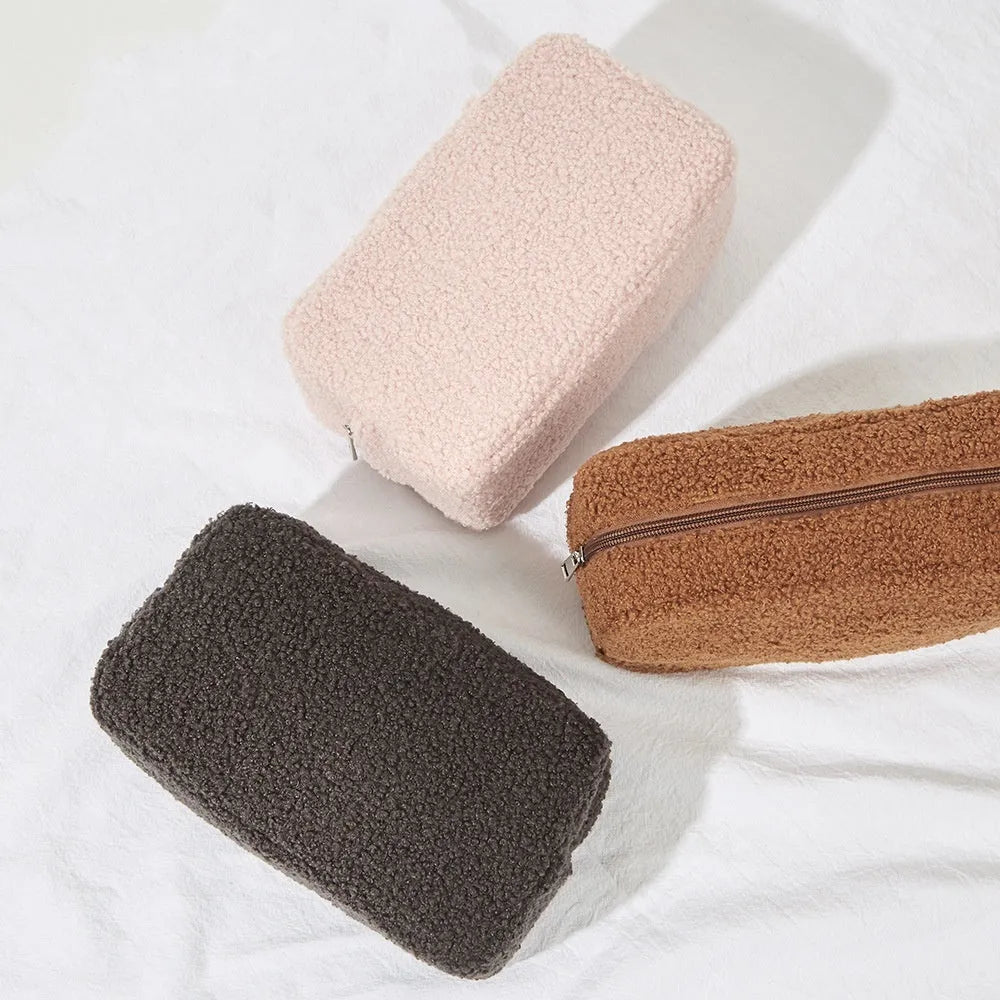 Large capacity velvet storage bag for cosmetics, teddy plush material, cube shape, pink colour, 23x8x12.7cm