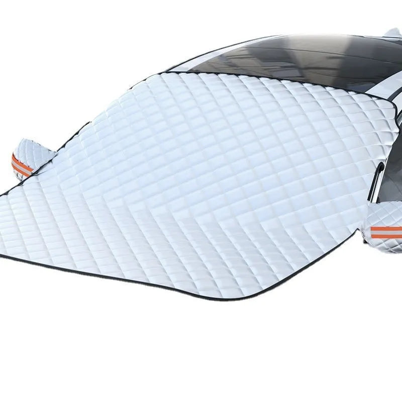 Winter car windshield cover with aluminium foil construction and magnetic fasteners for SUV frost protection
