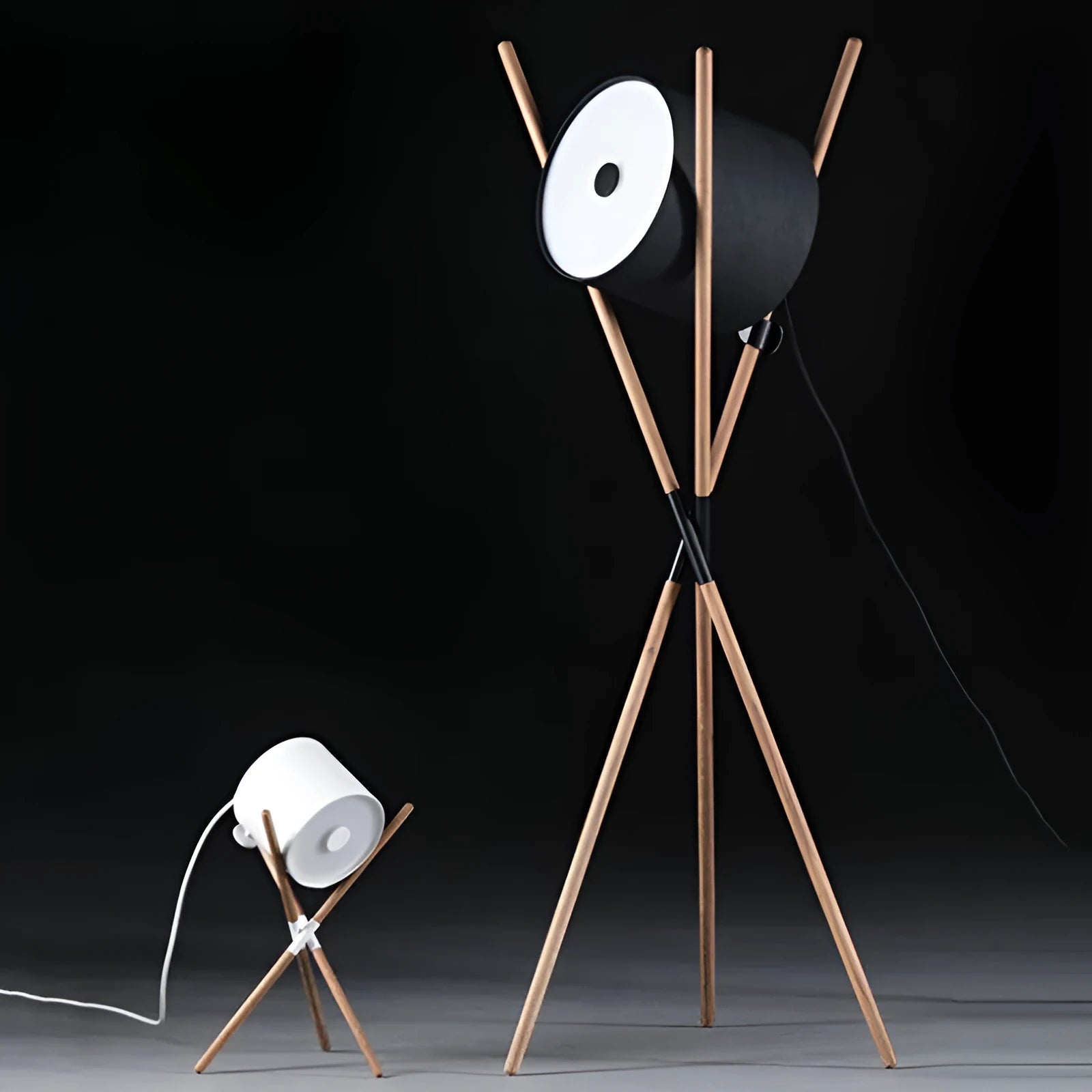 Modern wooden three fork floor lamp with LED lighting and acrylic lampshade