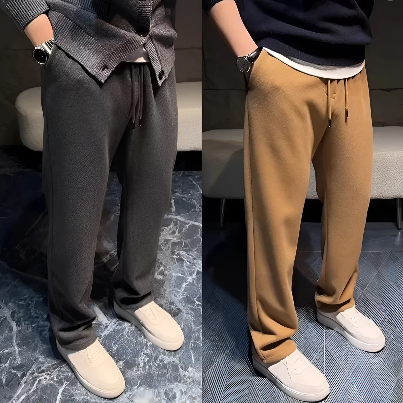 Loose men's cotton-blend sweatpants in solid colour with wide leg and drawstring waist