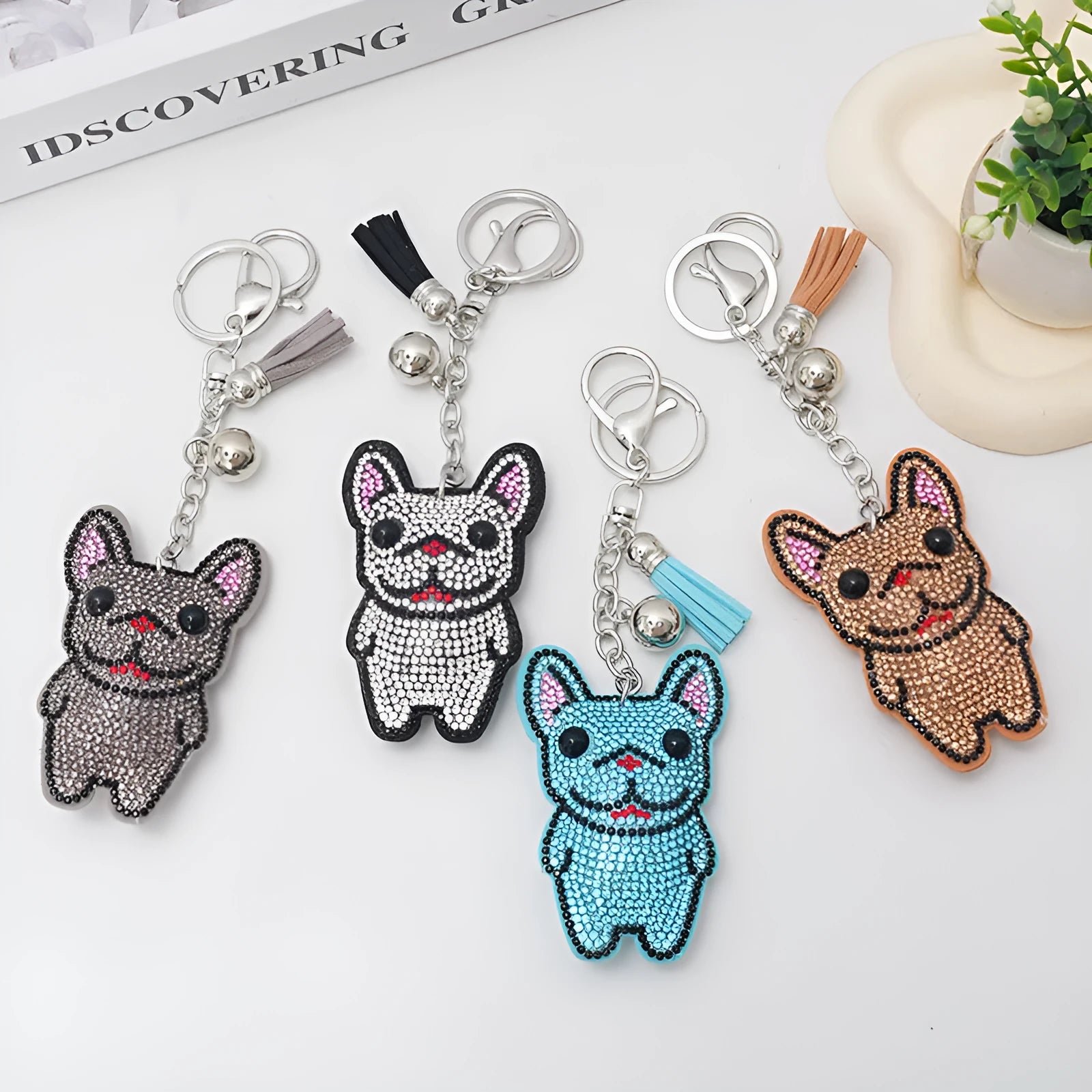 French dog cartoon rhinestone keychain pendant in alloy with tassel design